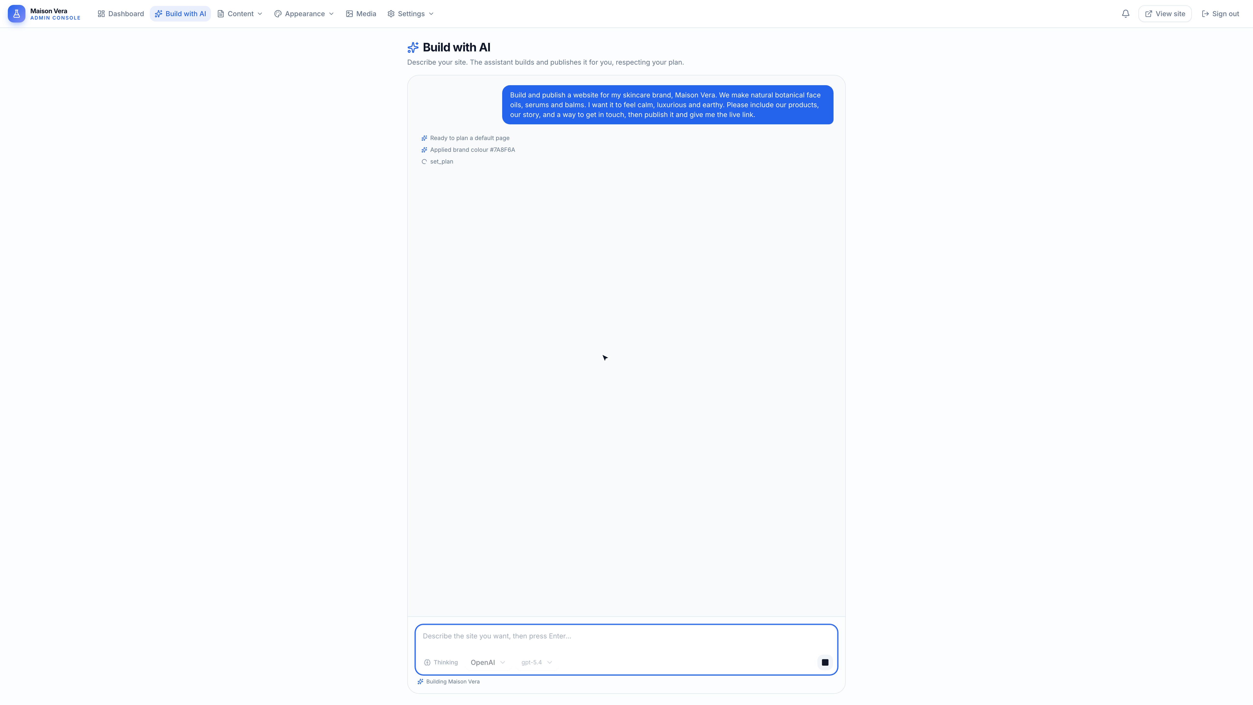 Building a site by chatting in Sitova