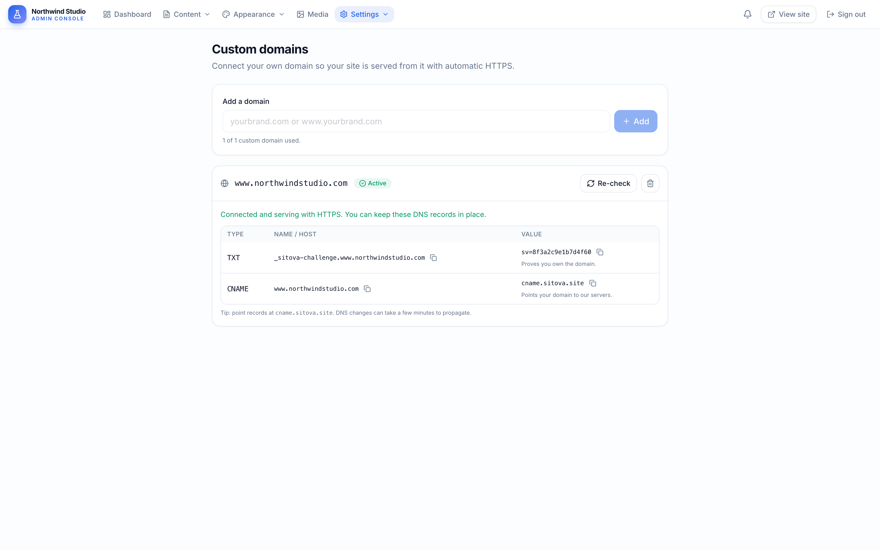 Launch on your own domain in Sitova